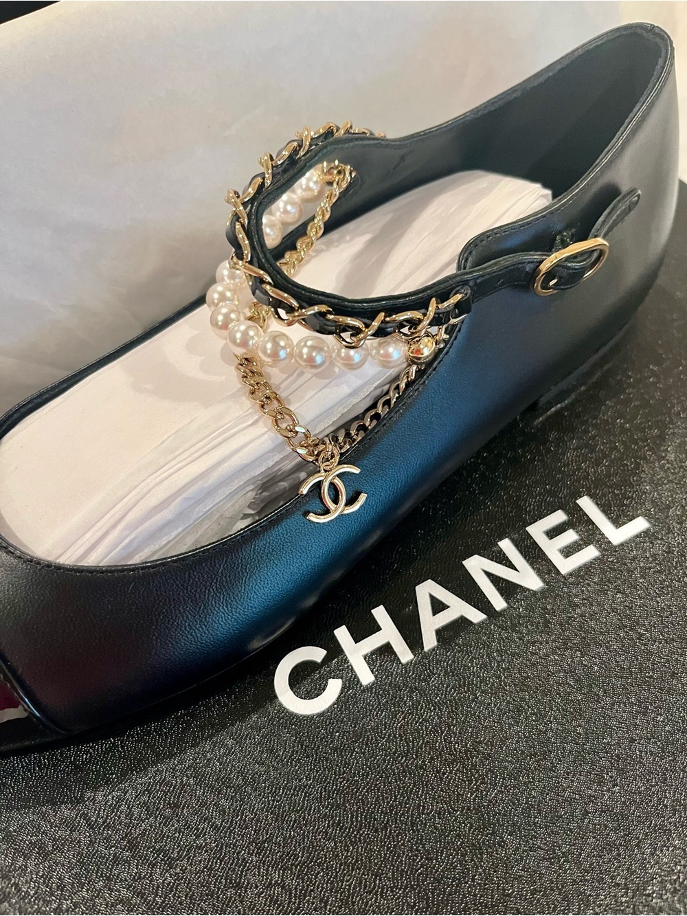 Authentic Chanel Mary Jane with gold CCs and pearls 37.5 $1625.00 NIB